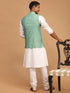 Vastramay Men's Green Jacquard Nehru Jacket with Kurta Pyjama Set